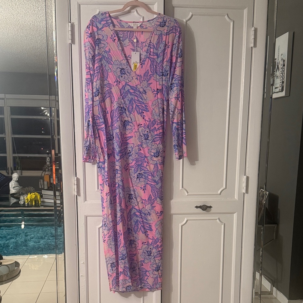 Lilly Pulitzer Vibrant Pink with Blue Flowers Perry Long Sleeve Maxi